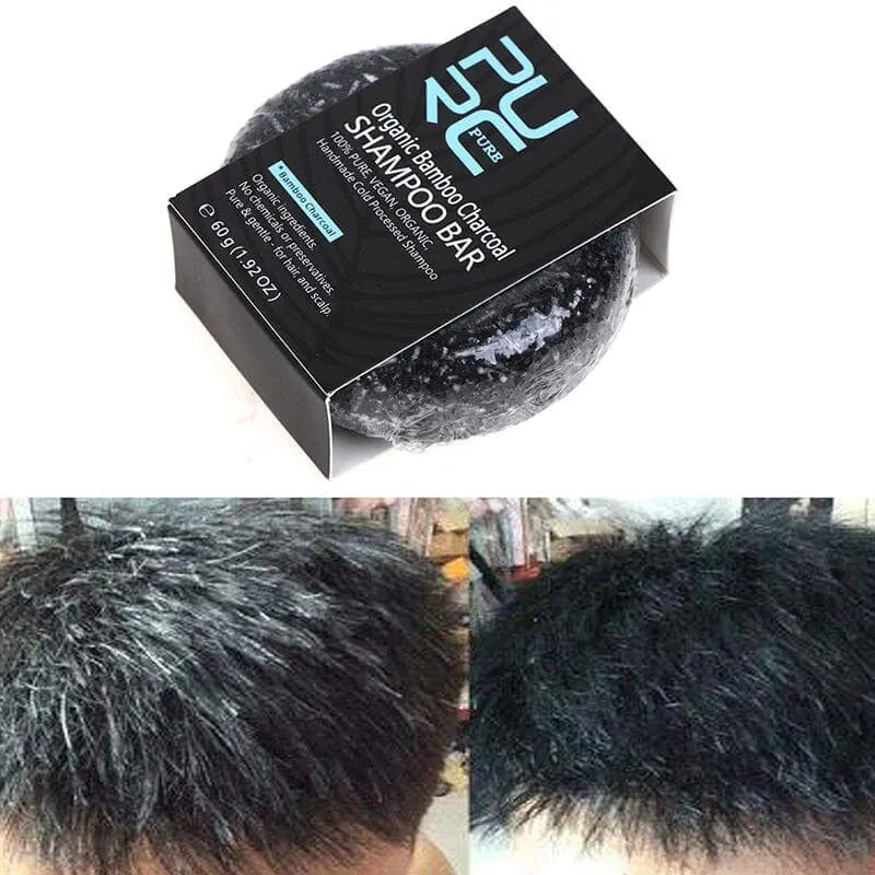 A caixa do Pure Hair e a comparação de um cabelo masculino grisalho com o mesmo cabelo escuro